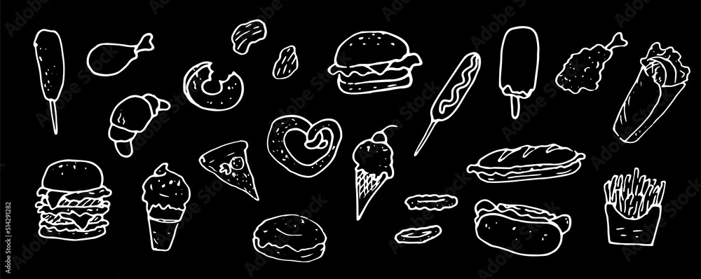 vector set of fast food. hand-drawn doodle-style hamburger, hot dog, chicken leg, ice cream, donuts, French fries and pizza. white outline on black vintage street food for isolated elements design tem vector set of fast food. hand-drawn doodle-style hamburger, hot dog, chicken leg, ice cream, donuts, French fries and pizza. white outline on black vintage street food for isolated elements design tem