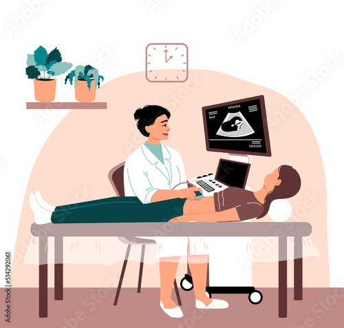 Ultrasound examination. Woman at a doctor's appointment.  Modern clinic. Diagnosis of the disease. Vector illustration