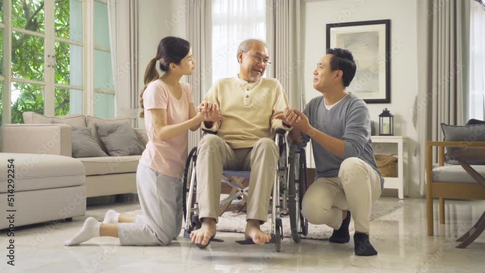 Portrait of happy smiling Asian Family living together at home in family relationship. reunion. Love of father, daughter, grandfather and son. People lifestyle.