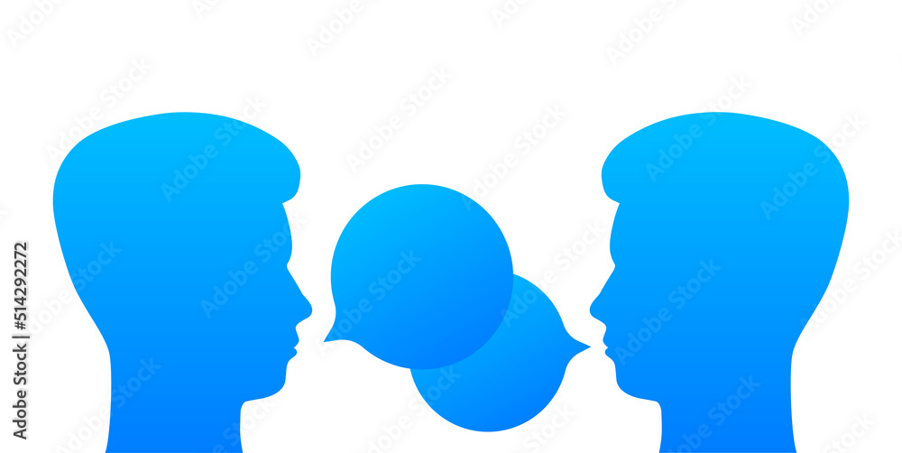 Person talk about in cartoon style. Dialog, chat speech bubble. Speaking people. Vector stock illustration.