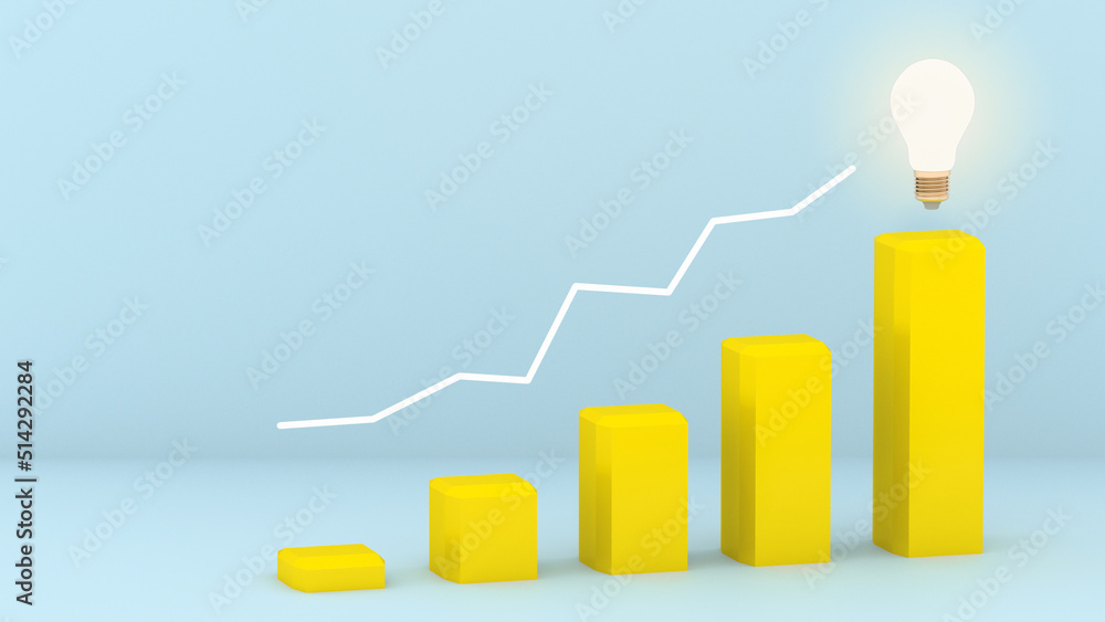 3d rendering of yellow business chart bars with light bulb, success, growth, goal achievement concept 3d rendering of yellow business chart bars with light bulb, success, growth, goal achievement concept