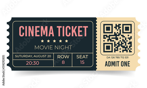 Cinema ticket template. Movie night admission coupon design. Cinema coupon with qr code for festivals, event, theater, concert, play. Vector illustration isolated on white background