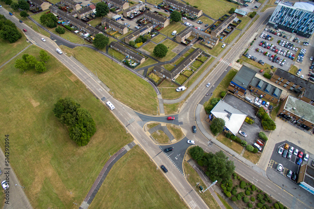 Fototapeta premium Arial view of suburban housing and shops Bransholme. Kingston upon Hull. Yorkshire
