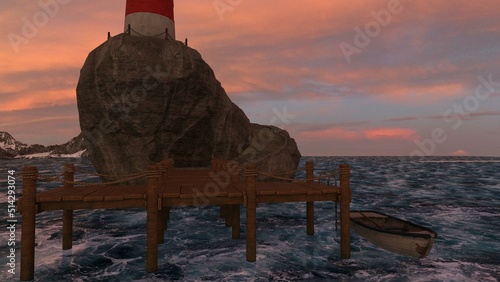 3d illustration of a mysterious lighhouse in the sea photo