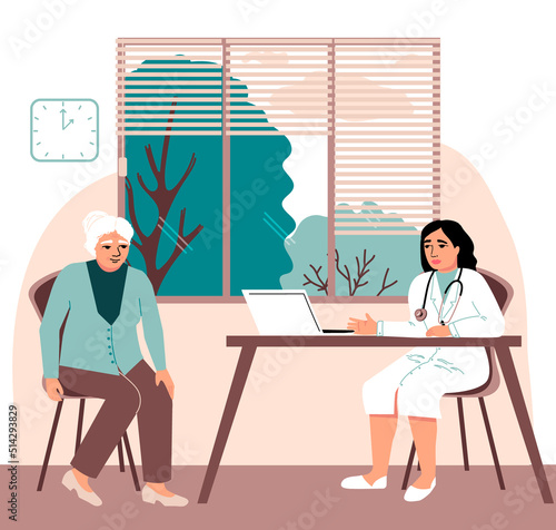 Elderly woman at a doctor's appointment.  Modern clinic. Doctor therapist consultation. Diagnosis of the disease. Vector illustration
