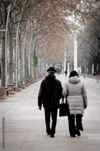 Two adults walk side by side through a street surrounded by dry trees during a cold autumn
