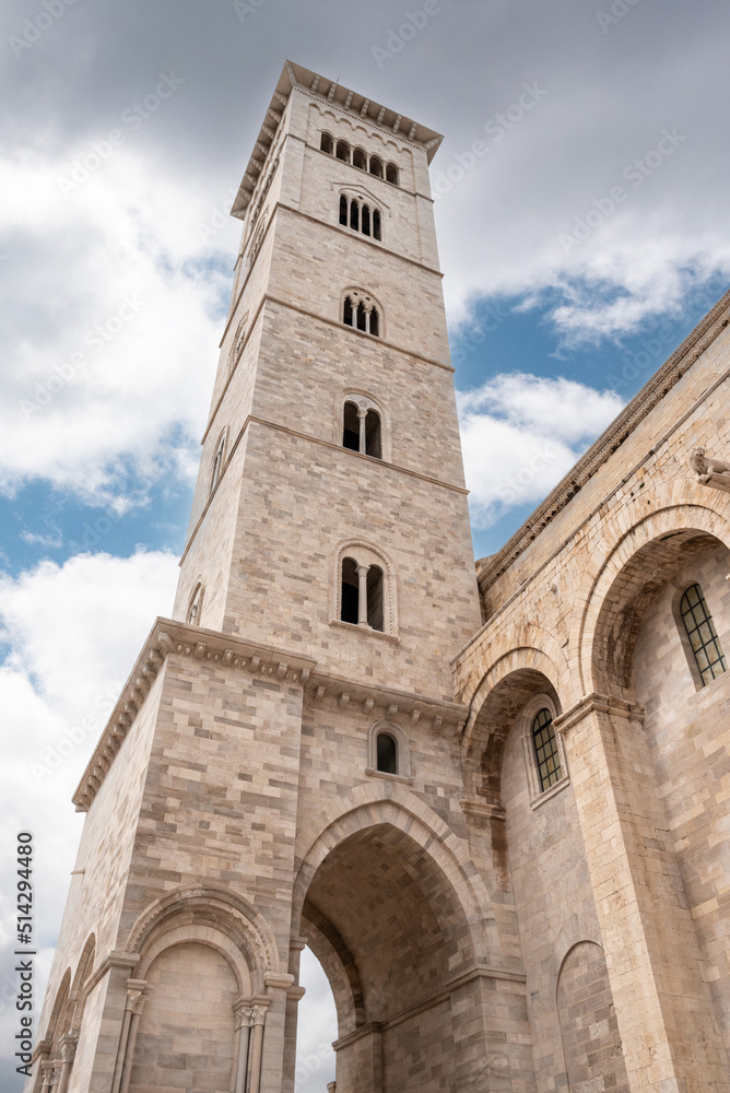 Close view of the cathedral's bell tower in Trani, Southern Italy
