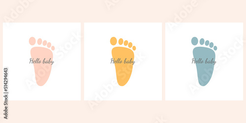 Hello baby footprint logo icons vector illustration in pink, blue ang yellow colors.