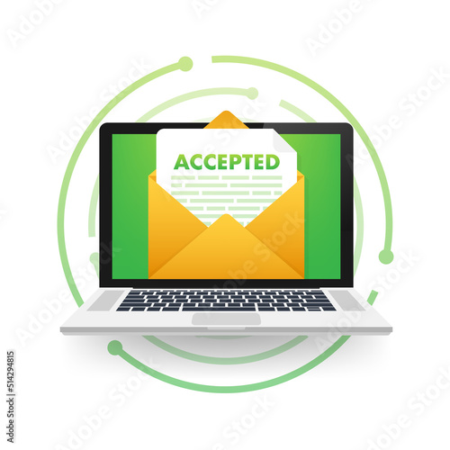 Accepted email. College accept. Recruitment job success. Vector stock illustration.