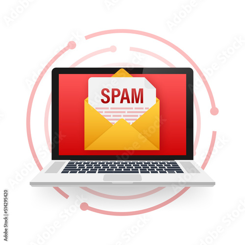No spam. Spam Email Warning. Concept of virus, piracy, hacking and security. Envelope with spam. Vector illustration.