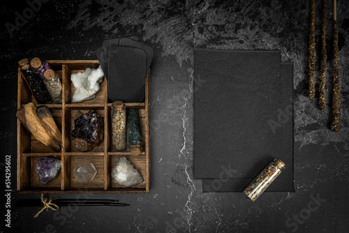 Fotografie, Obraz Esoteric, mystique and magic flat lay with copy space - Sorcery and alchemy