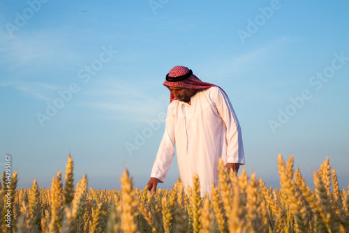 Arab man in a wheat field. A Muslim rejoices in a wheat field.