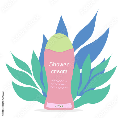 Hair care products shower cream on a tropical background. Vector illustration