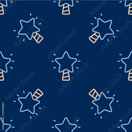 Line Christmas star icon isolated seamless pattern on blue background. Merry Christmas and Happy New Year. Vector