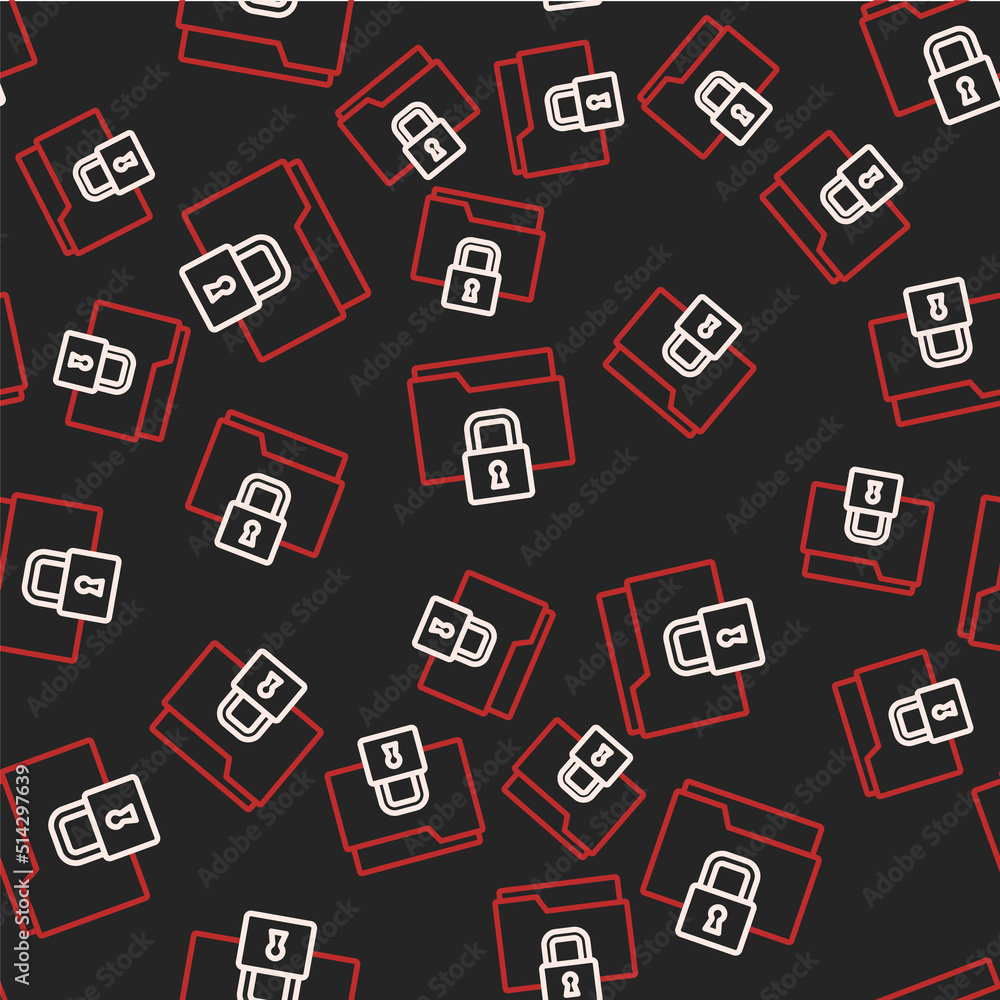 Line Folder and lock icon isolated seamless pattern on black background. Closed folder and padlock. Security, safety, protection concept. Vector Line Folder and lock icon isolated seamless pattern on black background. Closed folder and padlock. Security, safety, protection concept. Vector