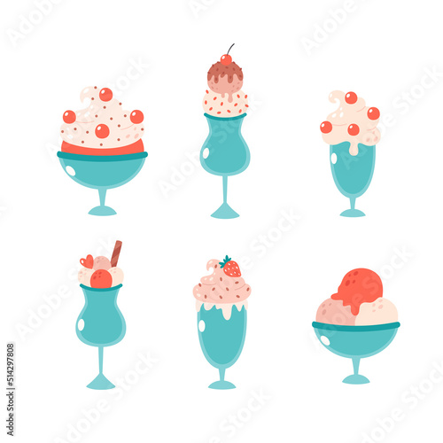 Set of ice cream in glass with strawberry, cherry, cinnamon stick. Summertime, hello summer. Hand drawn vector illustration