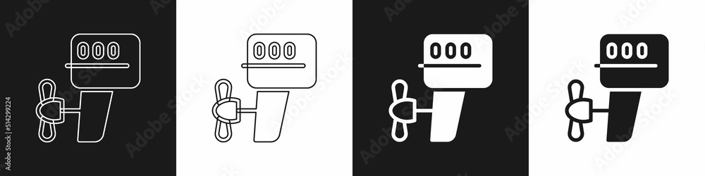 Set Outboard boat motor icon isolated on black and white background. Boat engine. Vector - obrazy, fototapety, plakaty 