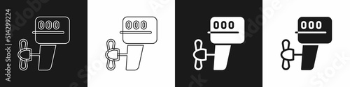 Set Outboard boat motor icon isolated on black and white background. Boat engine. Vector