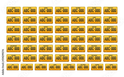 License plate USA in American style. Road transport metal signs. Vector stock illustration.