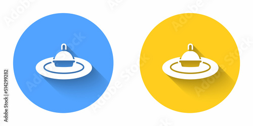 White Fishing float in water icon isolated with long shadow background. Fishing tackle. Circle button. Vector