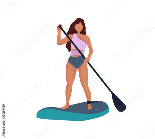 Sup surfer girl on paddle board. Woman with paddle