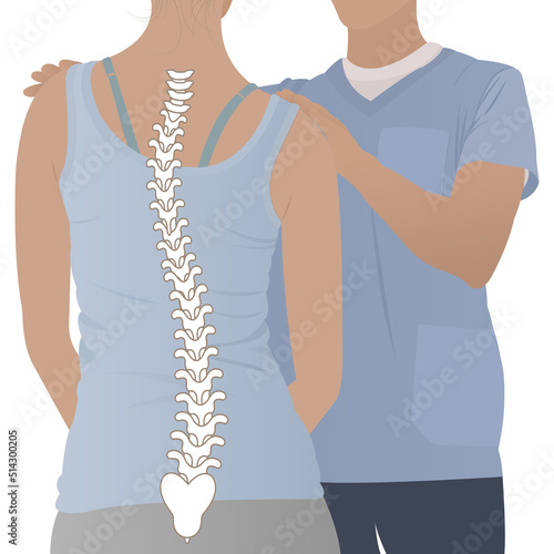 Spine deformation types and healthy spine comparison diagram poster with backbone curvatures. Female profile and back view. Chiropractic information