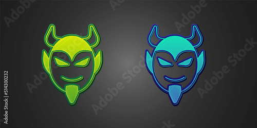 Green and blue Devil head icon isolated on black background. Happy Halloween party. Vector photo