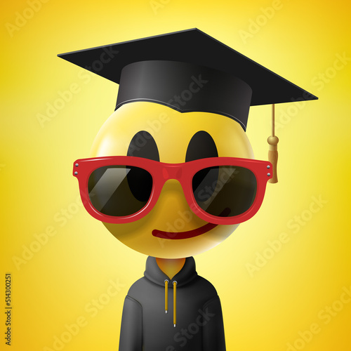 Back to school graduation emoji. Smiling face in graduation hat and sunglasses. Funny cartoon-styled educational emoticon character. New NFT collection