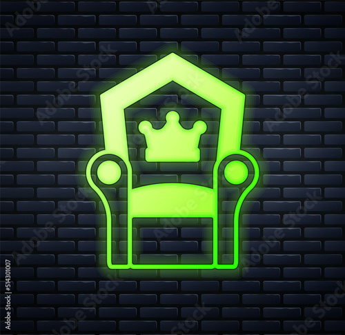Glowing neon Medieval throne icon isolated on brick wall background. Vector