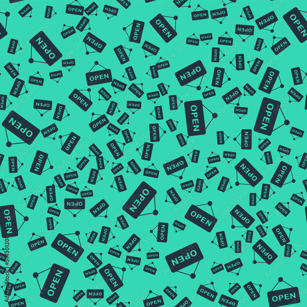 Black Hanging sign with text Open door icon isolated seamless pattern on green background. Vector Black Hanging sign with text Open door icon isolated seamless pattern on green background. Vector