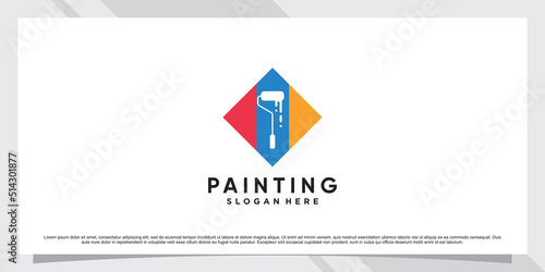 Painting logo design inspiration with roller, brush and creative element Premium Vector