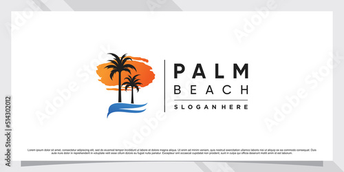 Palm tree and beach logo design inspiration with sun and creative element Premium Vector