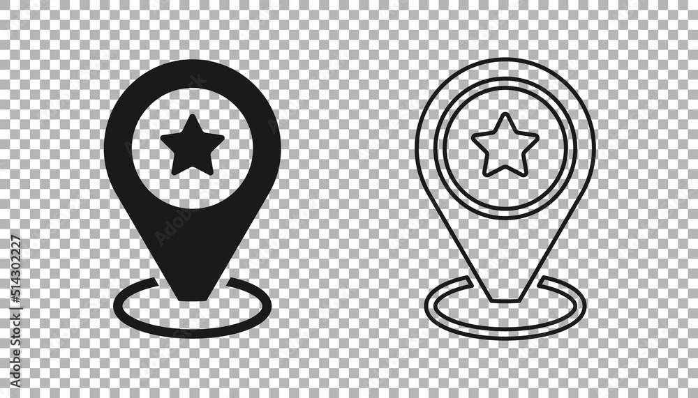 Black Map pointer with star icon isolated on transparent background. Star favorite pin map icon. Map markers. Vector Black Map pointer with star icon isolated on transparent background. Star favorite pin map icon. Map markers. Vector