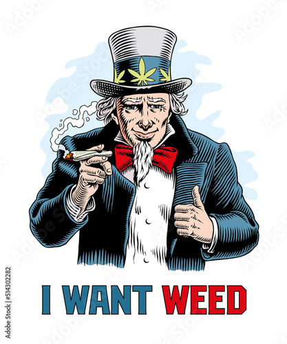 Uncle Sam with hemp leaves on his hat holding a rolled joint. Legalize marijuana concept print, poster or postcard. Comic style vector illustration.