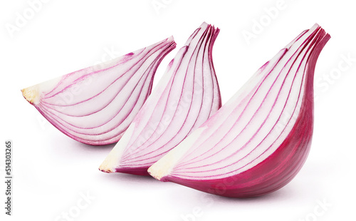 Pieces of delicious red onion, isolated on white background