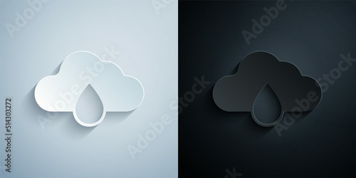 Paper cut Cloud with rain icon isolated on grey and black background. Rain cloud precipitation with rain drops. Paper art style. Vector