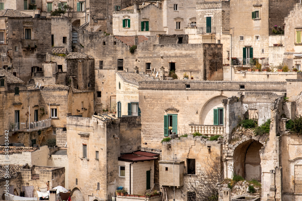 Detail of historic houses in Sassi di Matera, Southern Italy