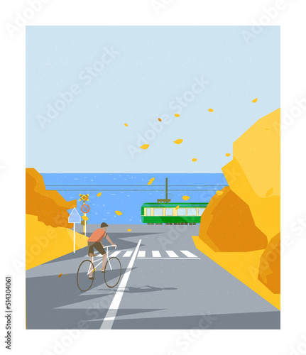 autumn city street landscape train and seaside.Japan Autumn or summer landscape at the sea with train and  falling flower.A man riding bicycle freely.Clean and nice scene 