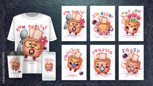 Cartoon character adorable toaster, pretty element idea for print t-shirt, poster and kids envelope, postcard. Cute hand drawn style toaster