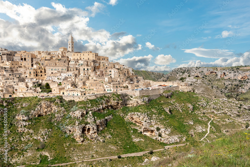 Great panoramic view of historic downtown Matera, Southern Italy
