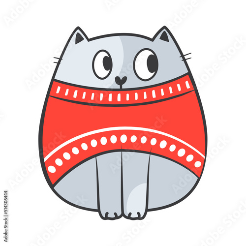 Christmas doodle fat cat. Vector illustration.