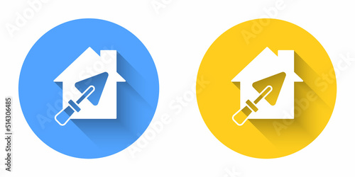 Free Download White House or home with trowel icon isolated with long shadow background. Adjusting, service, setting, maintenance, repair, fixing. Circle button. Vector - GFXLoad