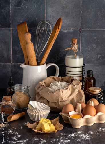 Food photography of  ingredients, egg,  flour,  milk, butter