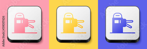 Isometric Turnstile icon isolated on pink, yellow and blue background. Square button. Vector