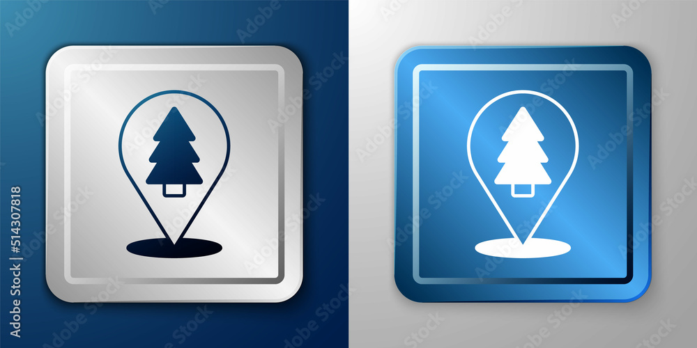White Christmas tree icon isolated on blue and grey background. Merry Christmas and Happy New Year. Silver and blue square button. Vector White Christmas tree icon isolated on blue and grey background. Merry Christmas and Happy New Year. Silver and blue square button. Vector