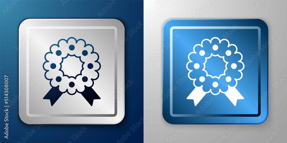 White Christmas wreath icon isolated on blue and grey background. Merry Christmas and Happy New Year. Silver and blue square button. Vector White Christmas wreath icon isolated on blue and grey background. Merry Christmas and Happy New Year. Silver and blue square button. Vector
