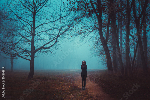 Girl on the road in a mysterious forest. Background wallpaper. Strange forest in a fog with red leaves. Mystic atmosphere. Dark scary park. Paranormal another world. Gothic witch.