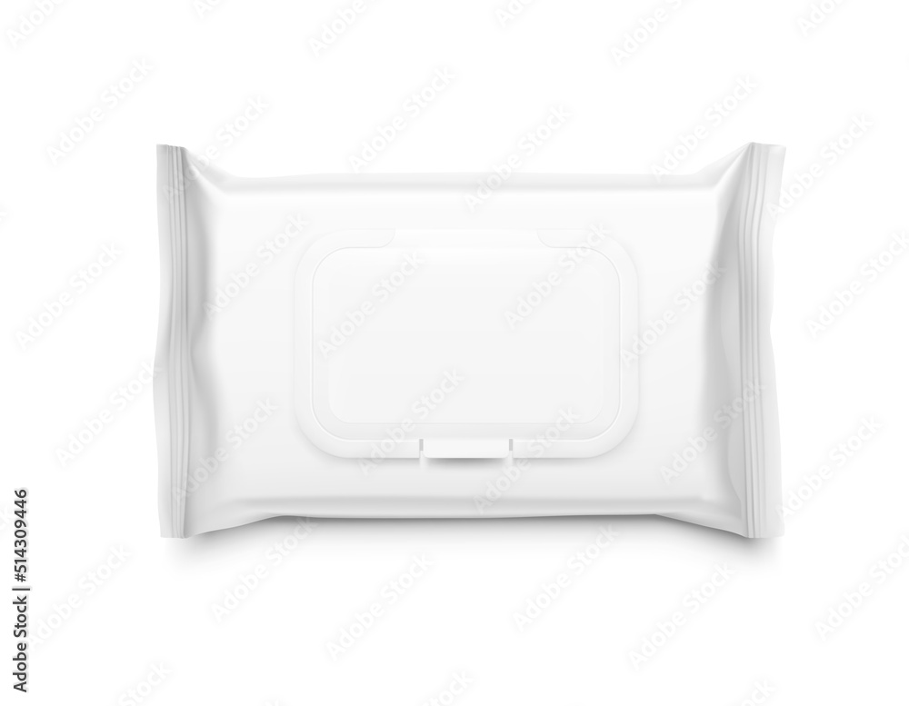 Hyper realistic wet wipes flow pack mockup isolated on white background. Template for your design. EPS10. Hyper realistic wet wipes flow pack mockup isolated on white background. Template for your design. EPS10.