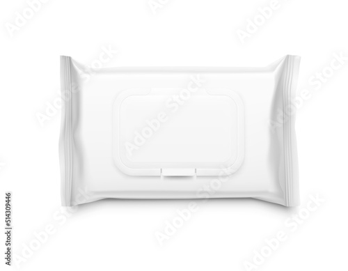 Hyper realistic wet wipes flow pack mockup isolated on white background. Template for your design. EPS10.