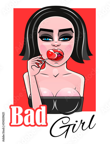Vector pop art pin up illustration of a young sexy punk girl sucks lollipop